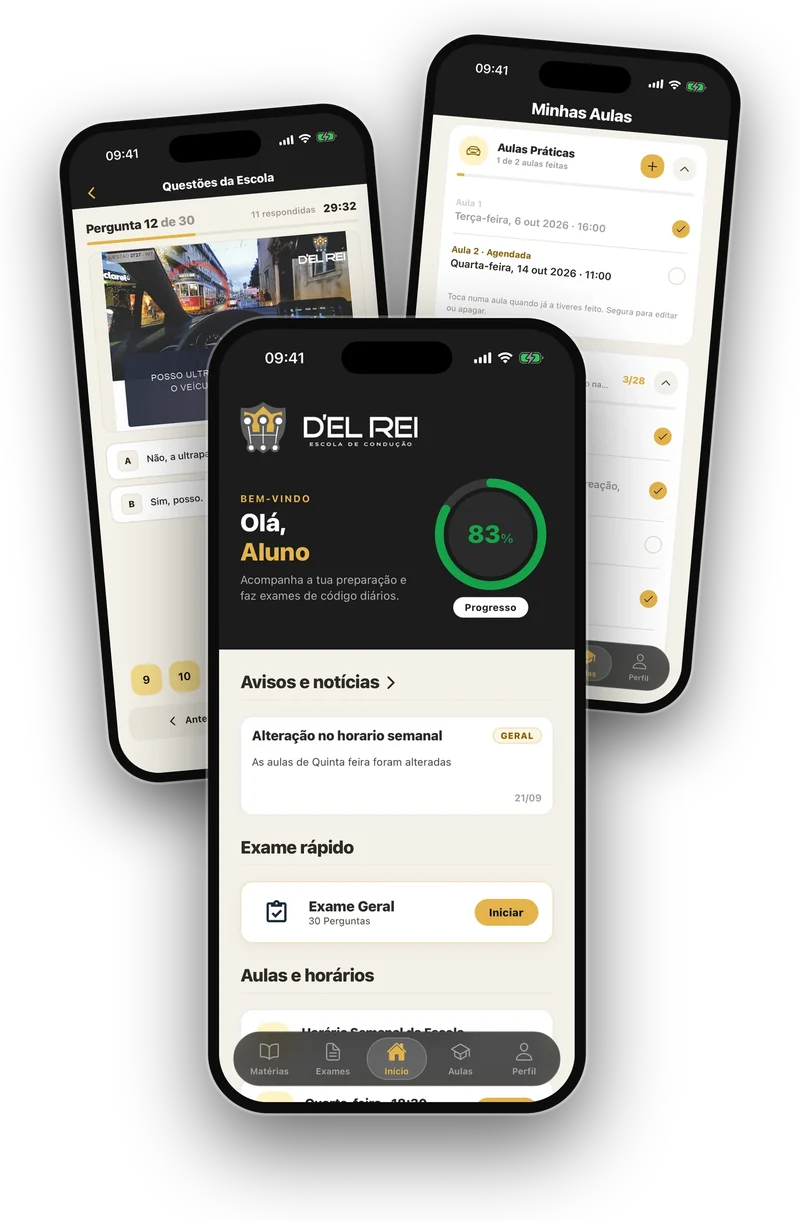 Ecrãs da app EC D'El Rei: página inicial com avisos e exame rápido, questões de exame e aulas práticas.